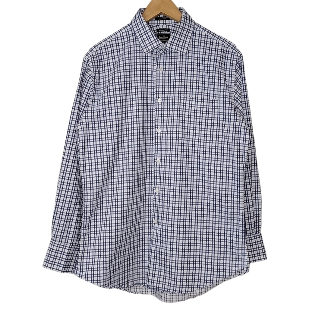Neiman Marcus Trim Fit Plaid Office Business Casual Button Down Polo Shirt Sz L